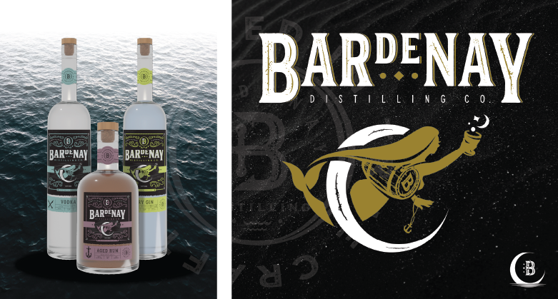 Bardenay Distilling Co. vodka, gin, and rum bottle and the Bardenay Distilling Co. logo